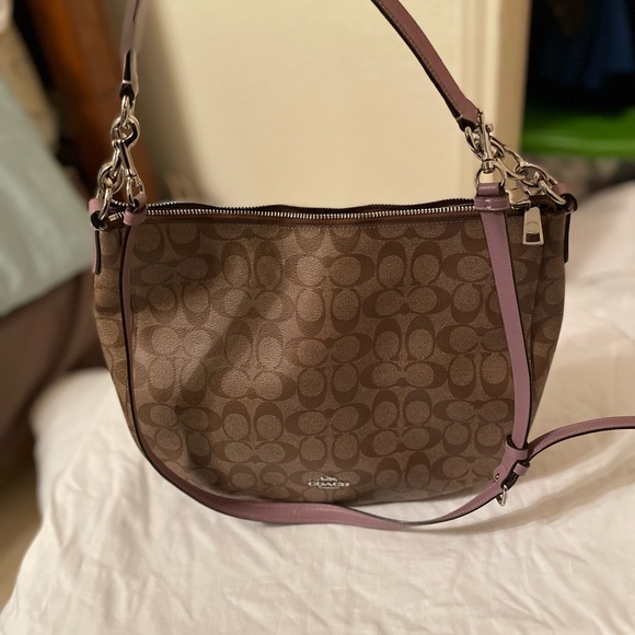Coach Zip Shoulder Bag Signature Canvas Leather Khaki Lavender - Picture 3 of 9
